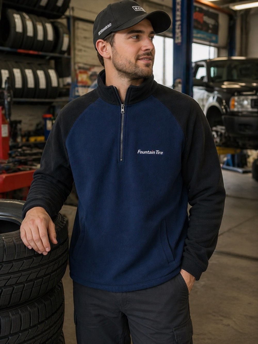 Fountain Tire Men’s Quarter Zip Fleece Size Large Blue Black Workwear Pullover